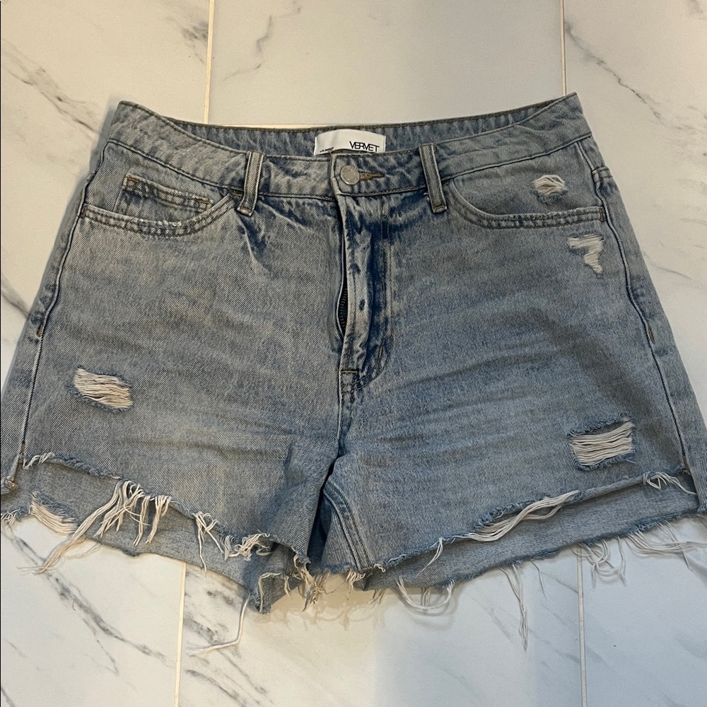 VERVET BY FLYING MONKEY Light Blue Distressed Denim Cutoff Shorts